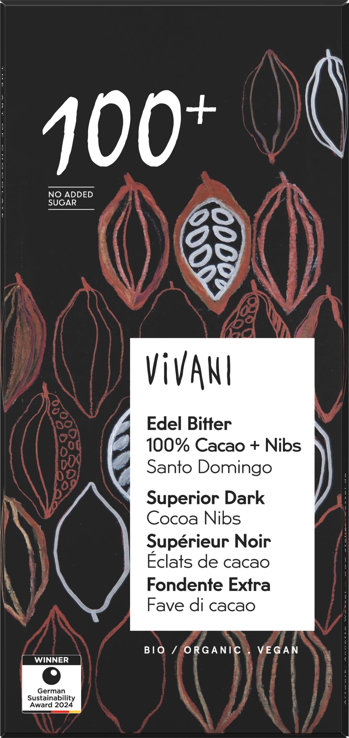 Edel Bitter Schokolade 100% Cacao + Nibs 80 g
