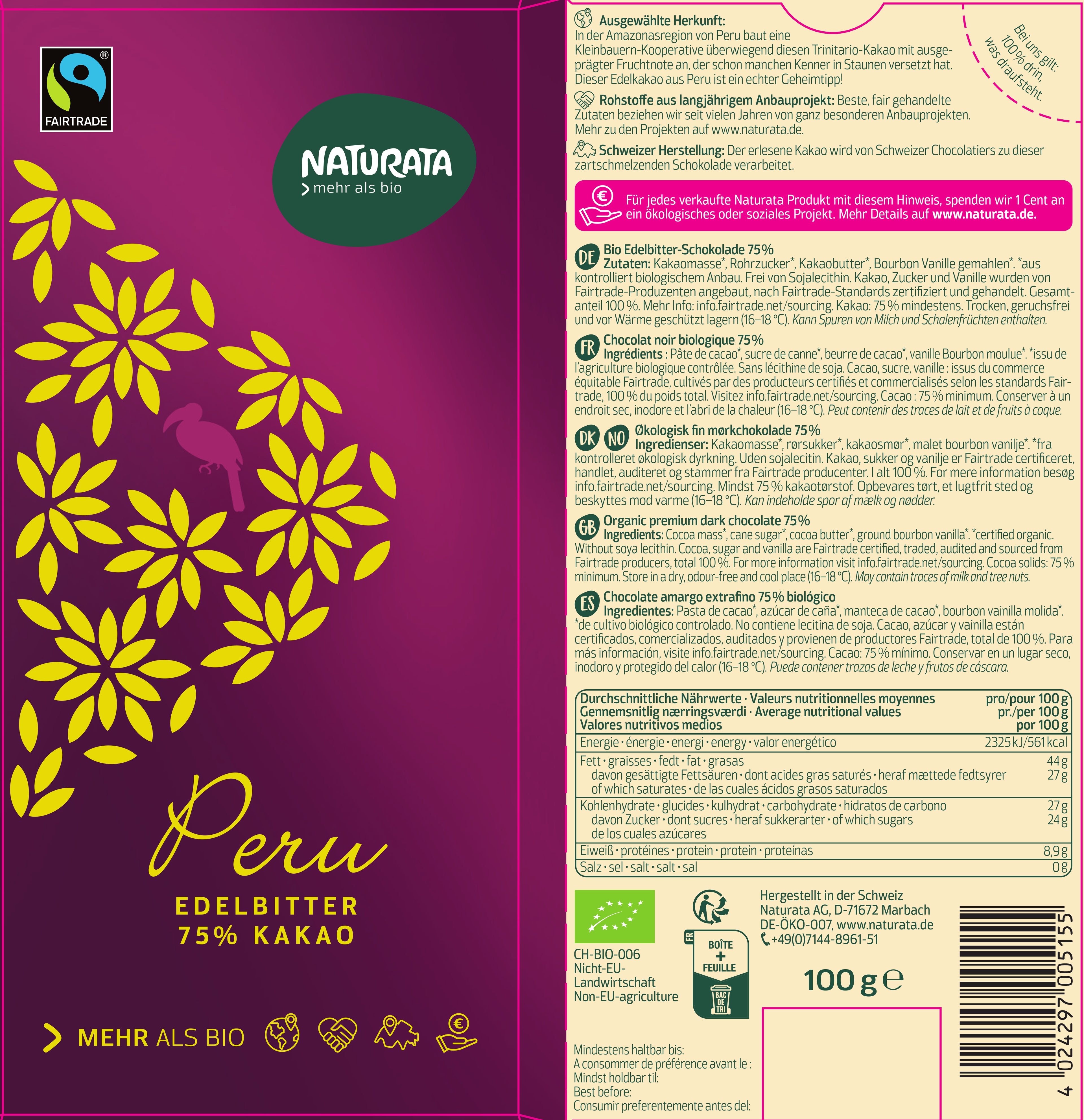 Peru Edelbitter Schokolade 75% 100 g