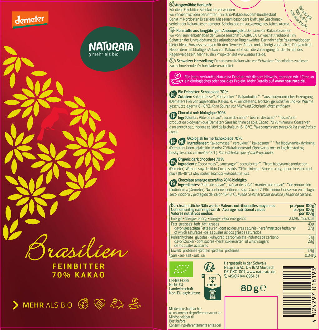 Brasilien Feinbitter Schokolade demeter 70% Kakao 80 g