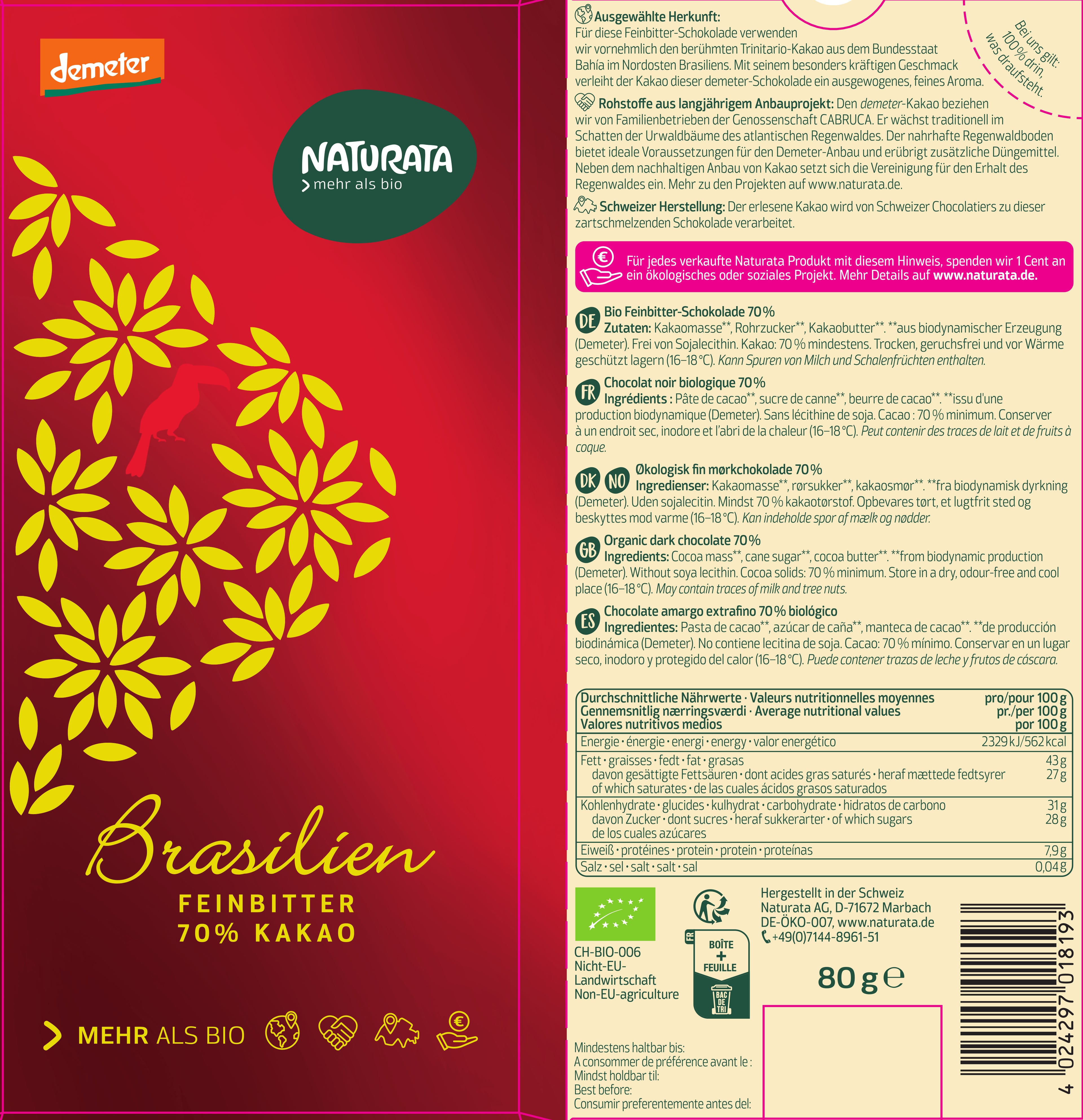 Brasilien Feinbitter Schokolade demeter 70% Kakao 80 g