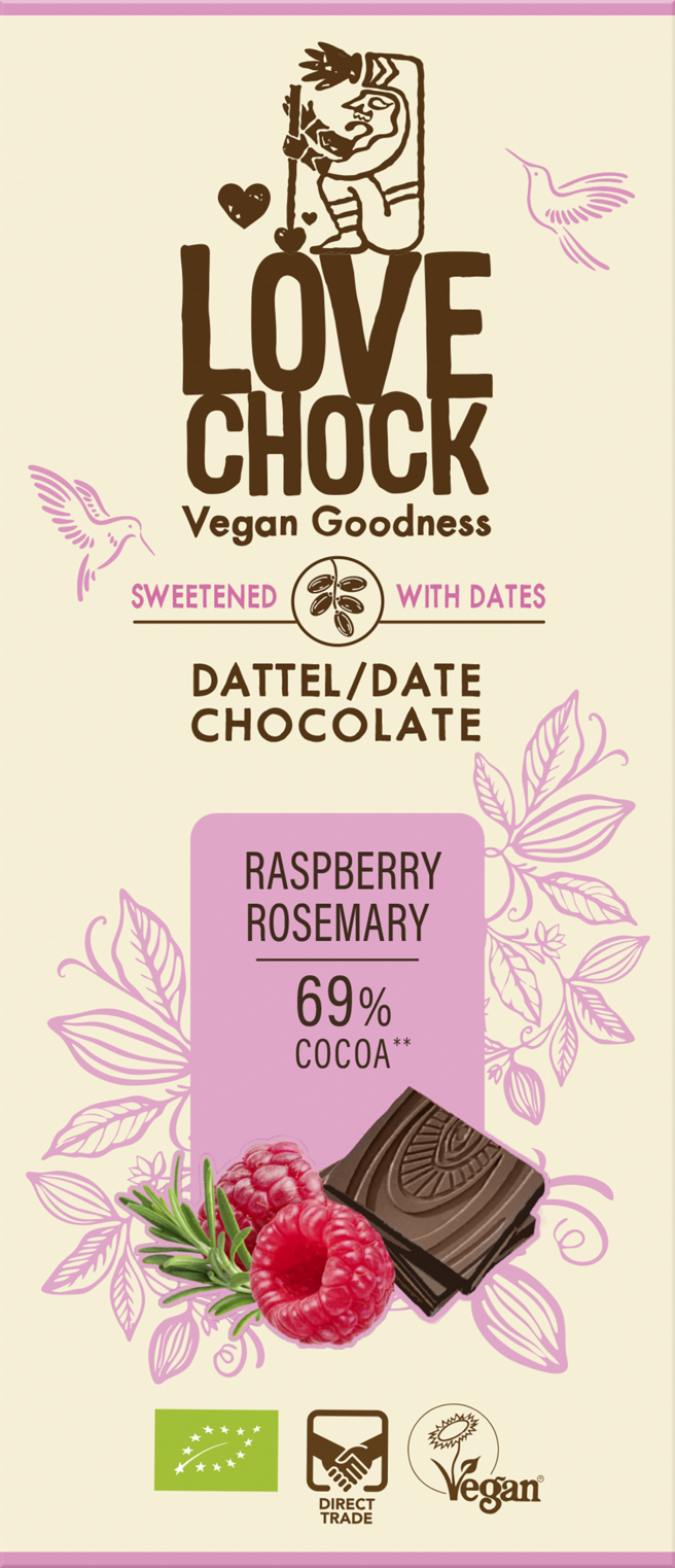 Raspberry Rosemary 69% Kakao - sweetened with date 70 g