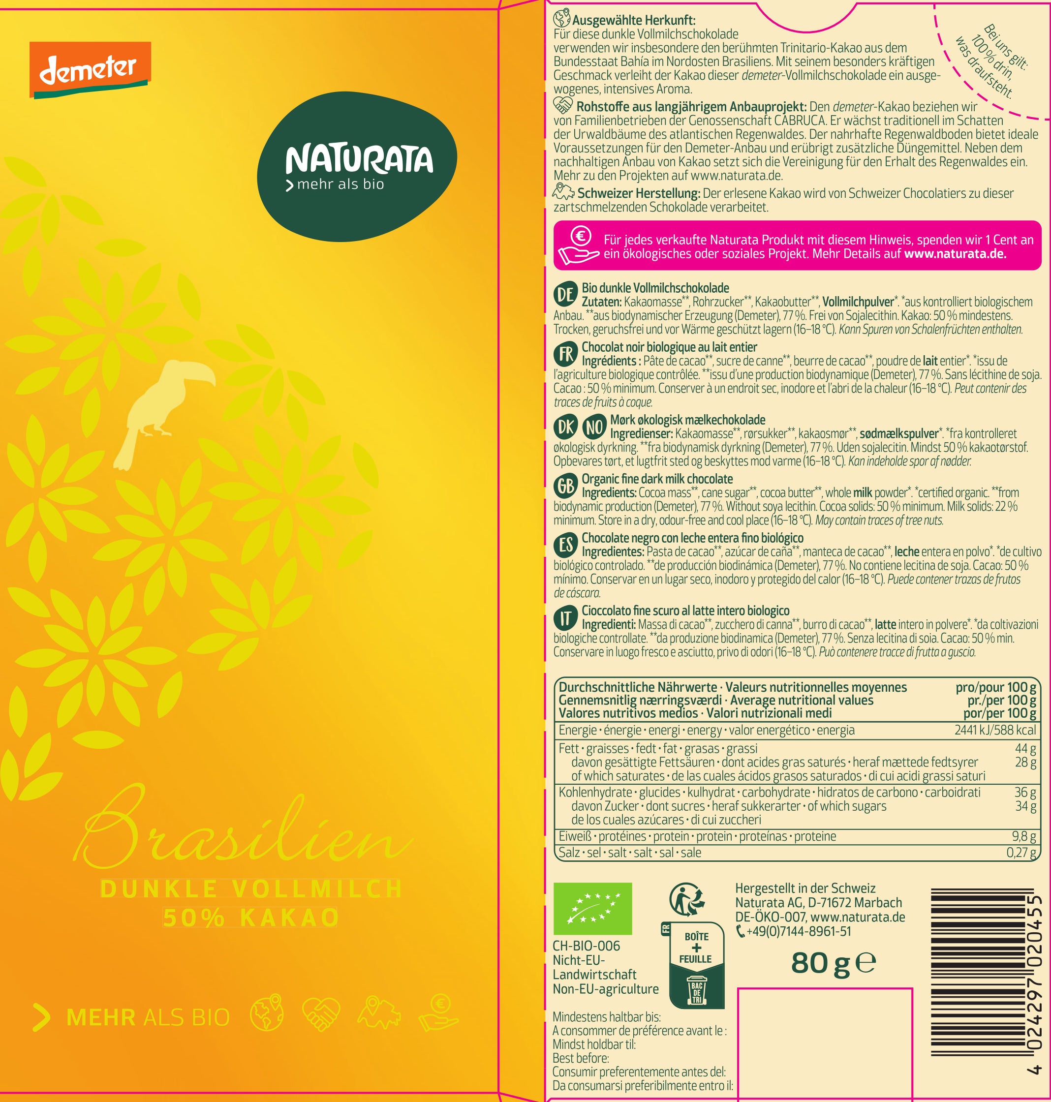 Brasilien Dunkle VM-Schokolade demeter 50% Kakao 80 g