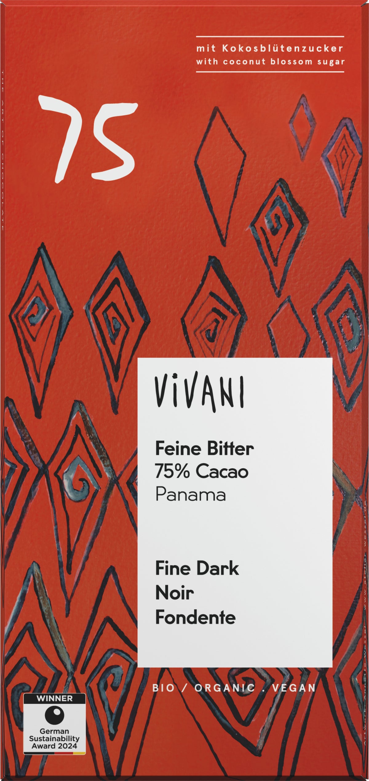 Feine Bitter 75% Cacao Panama mit Kokosblütenzucke 80 g