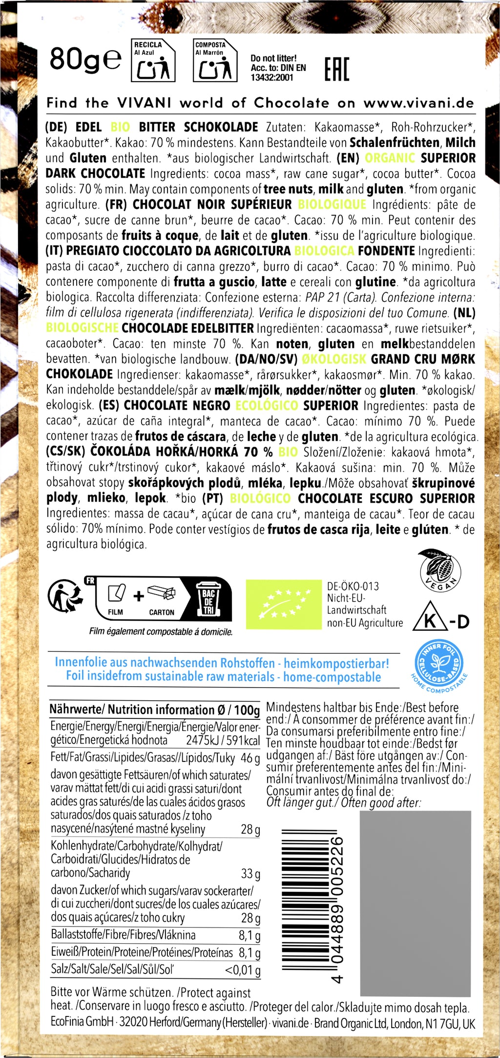 Edel Bitter Schokolade 70% Cacao Santo Domingo 80 g