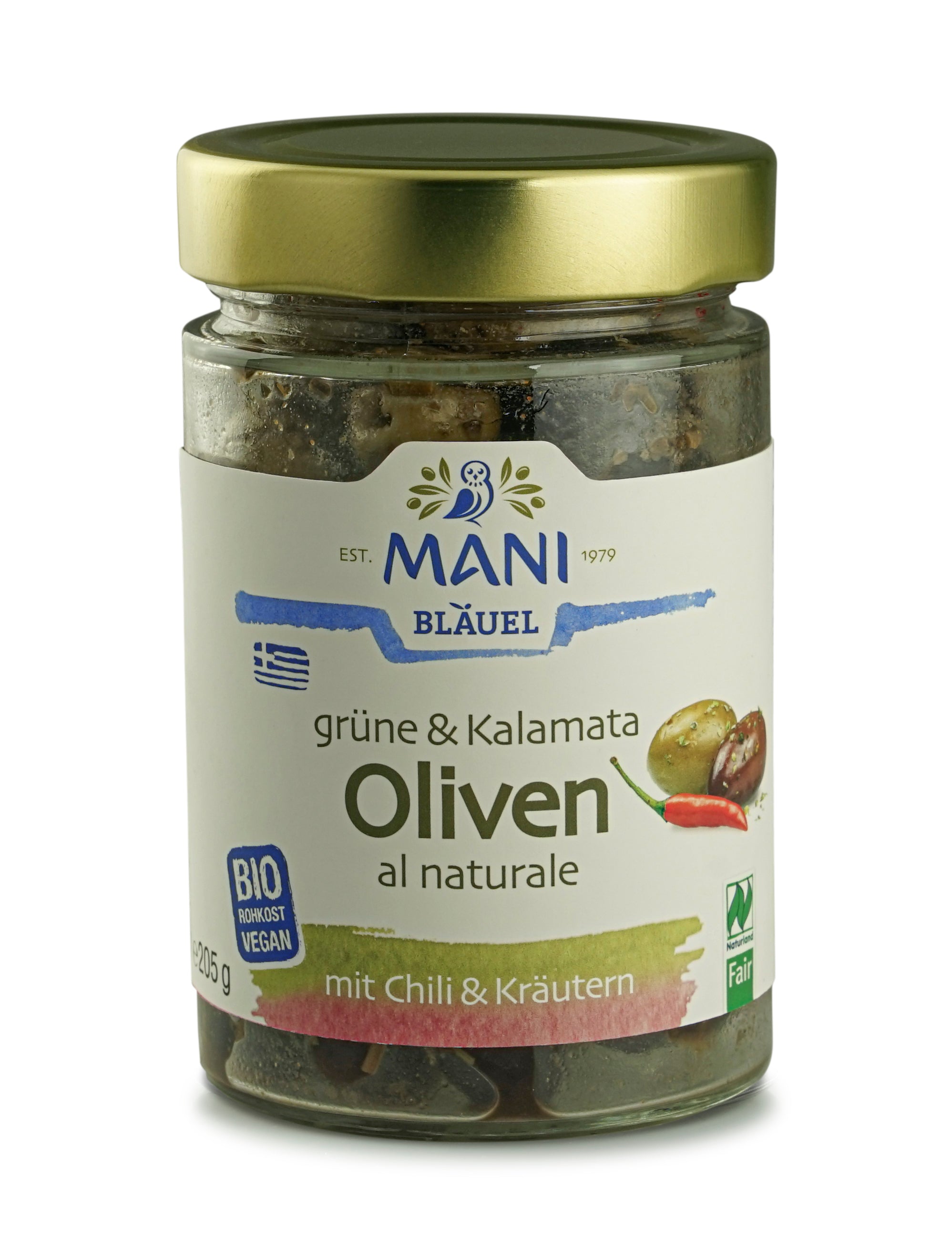Grüne & Kalamata Oliven al naturale mit Chili & Kr 205 g