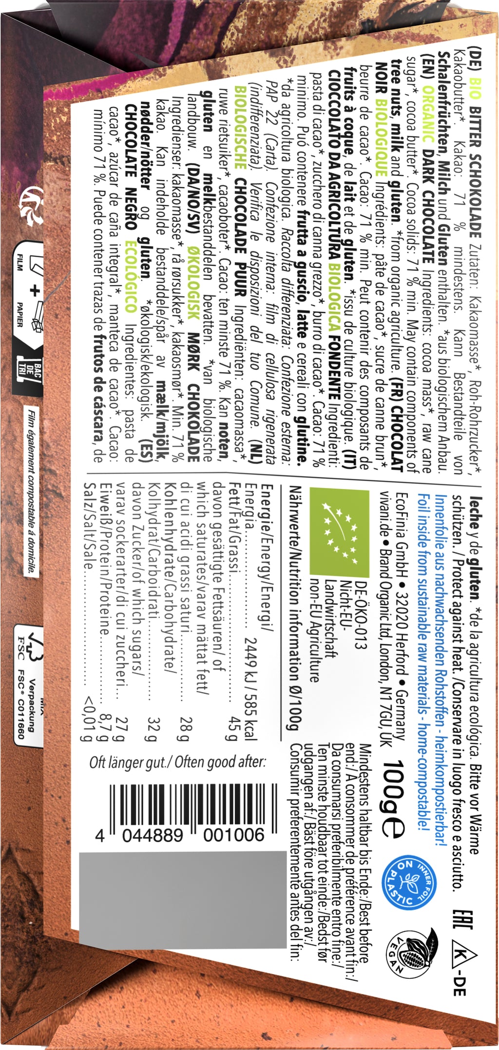 Feine Bitter Schokolade 71% Cacao 80 g