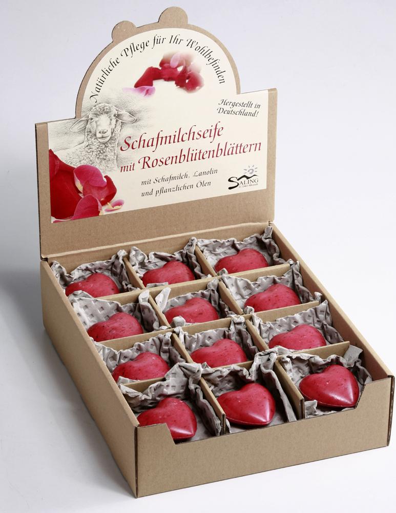 Schafmilchseife Herz rot mit Rosenblütenblättern 65 g