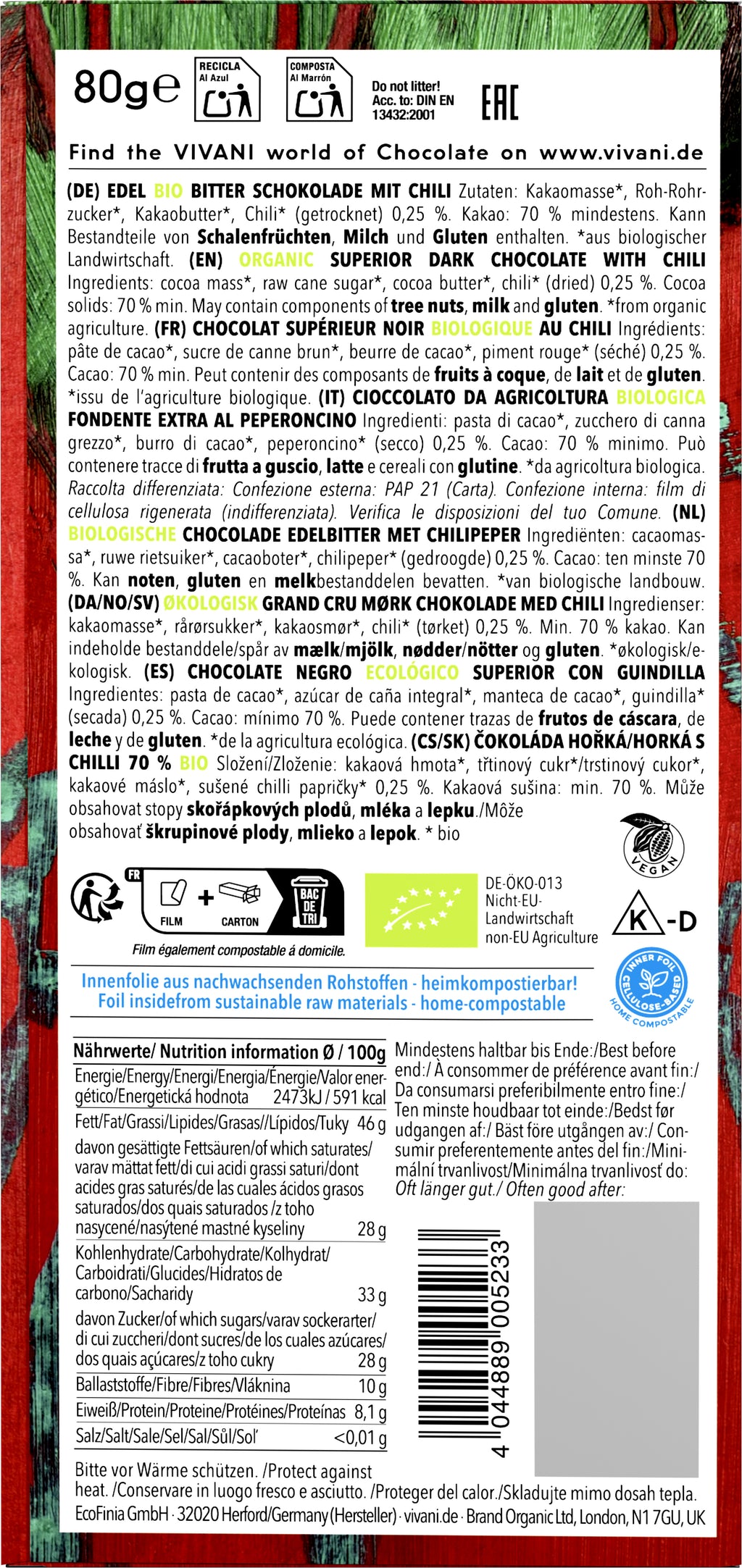 Edel Bitter Chili Schokolade 70% Cacao Santo Domin 80 g