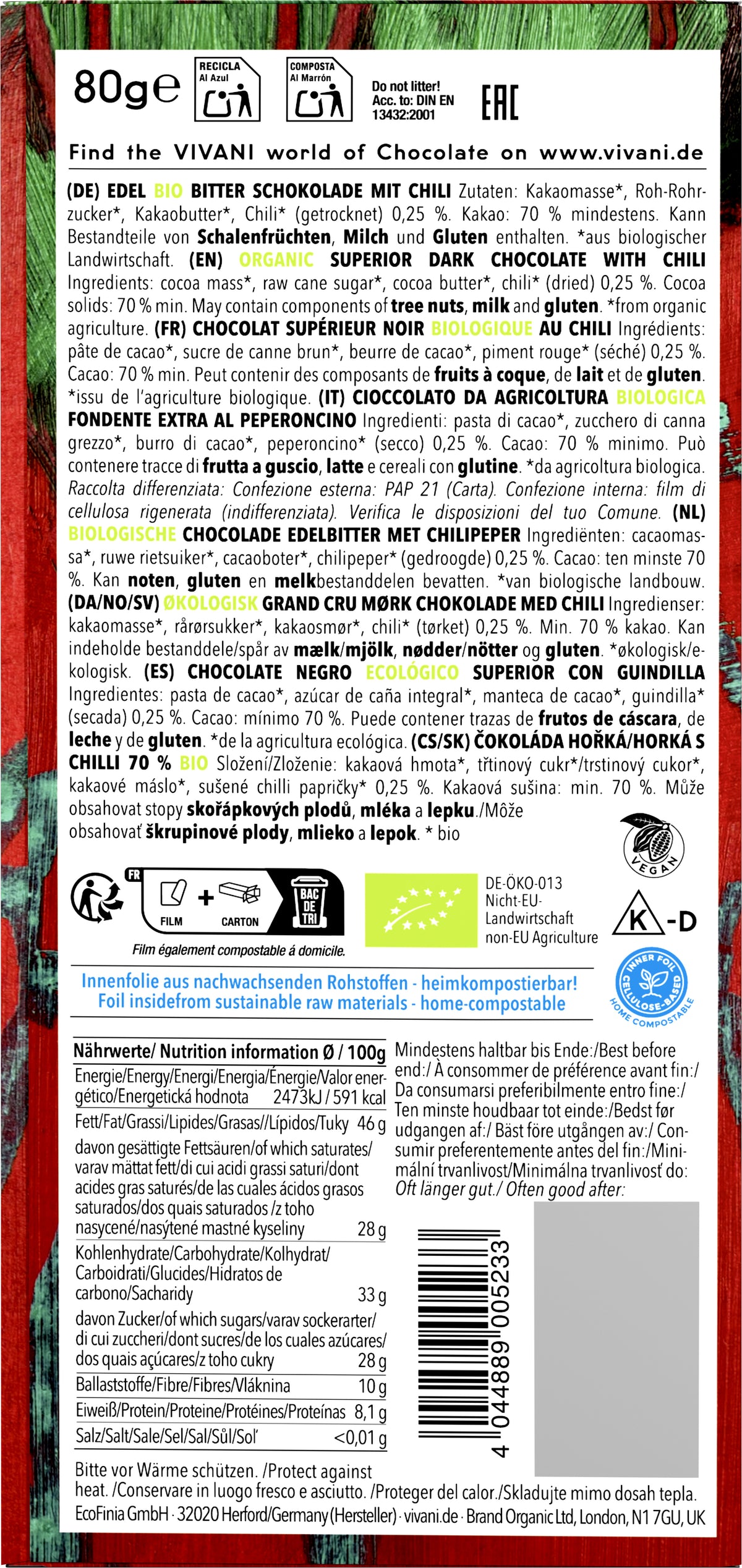 Edel Bitter Chili Schokolade 70% Cacao Santo Domin 80 g