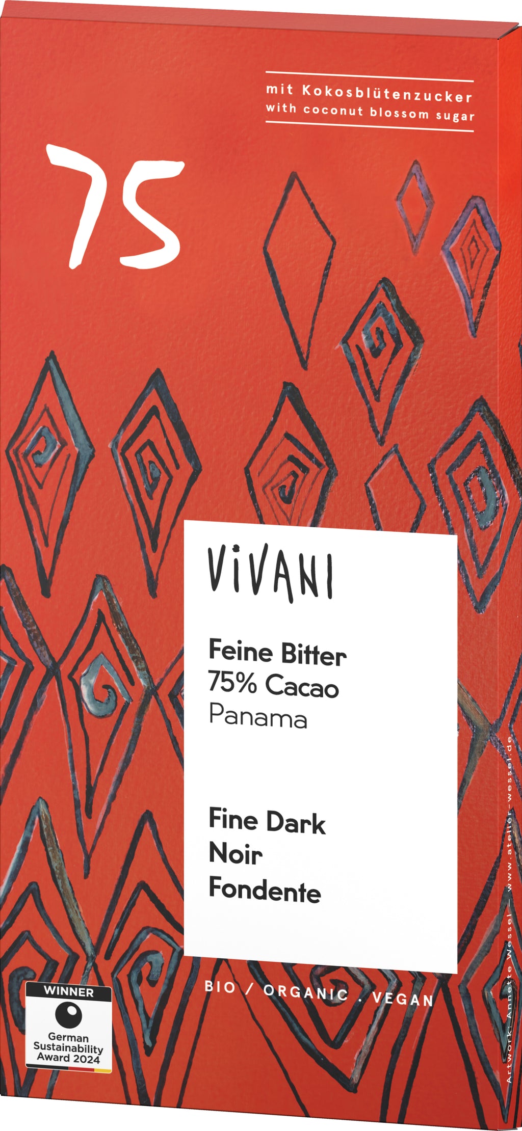Feine Bitter 75% Cacao Panama mit Kokosblütenzucke 80 g