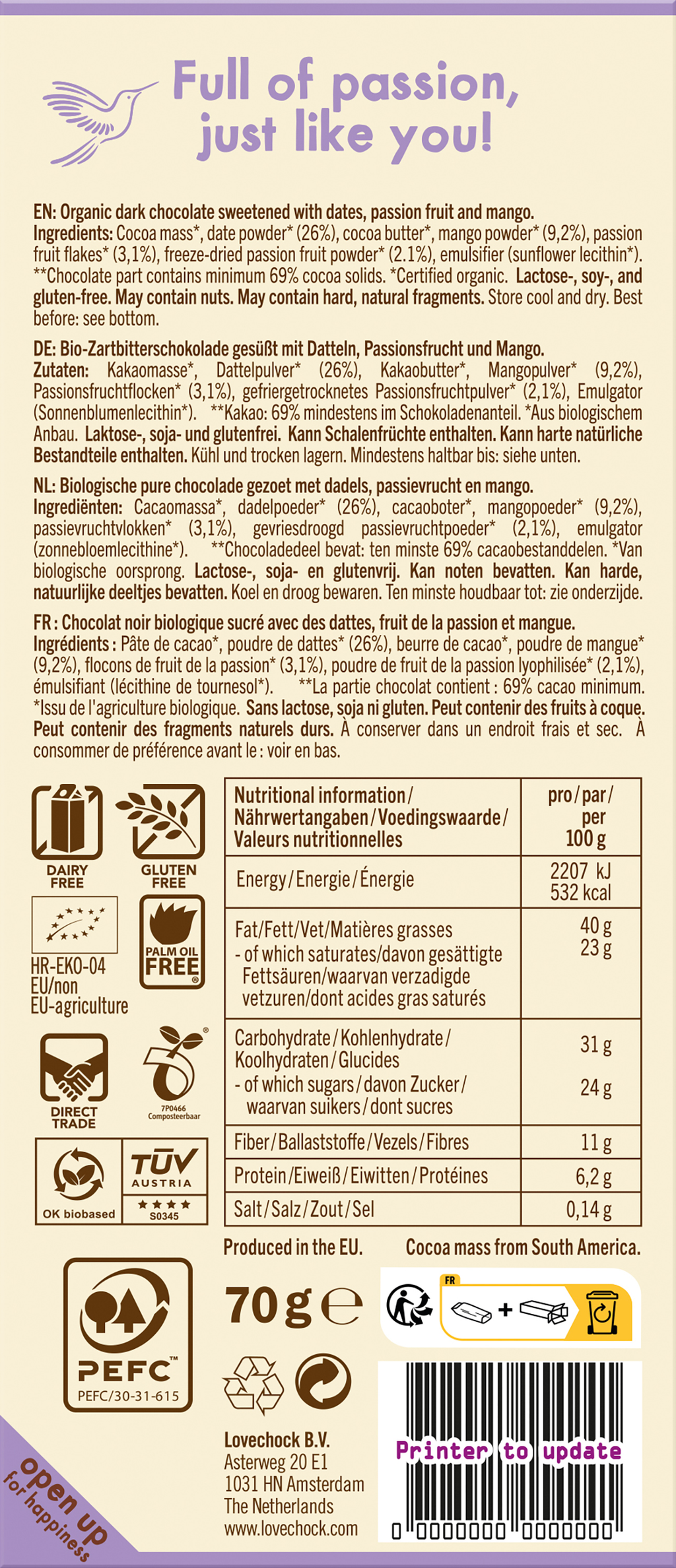 Passionfruit Mango 69% Kakao - sweetened with date 70 g