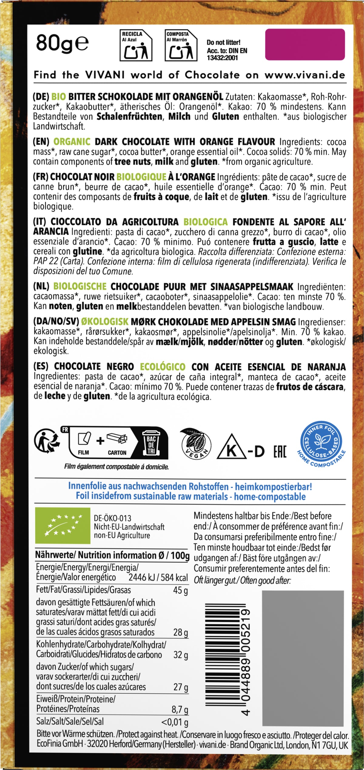 Feine Bitter Orange Schokolade 70% Cacao 80 g