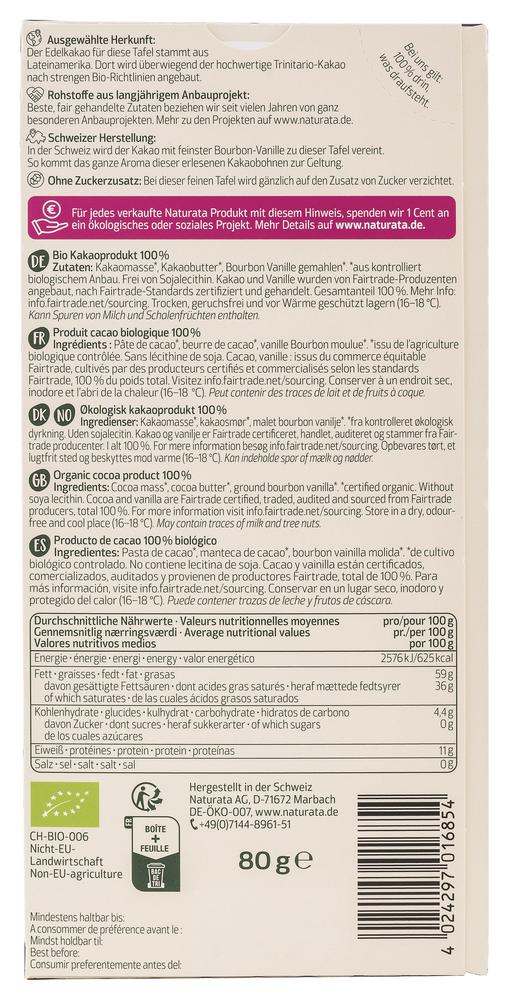Lateinamerika Edelbitter Schokolade 100% Kakao 80 g