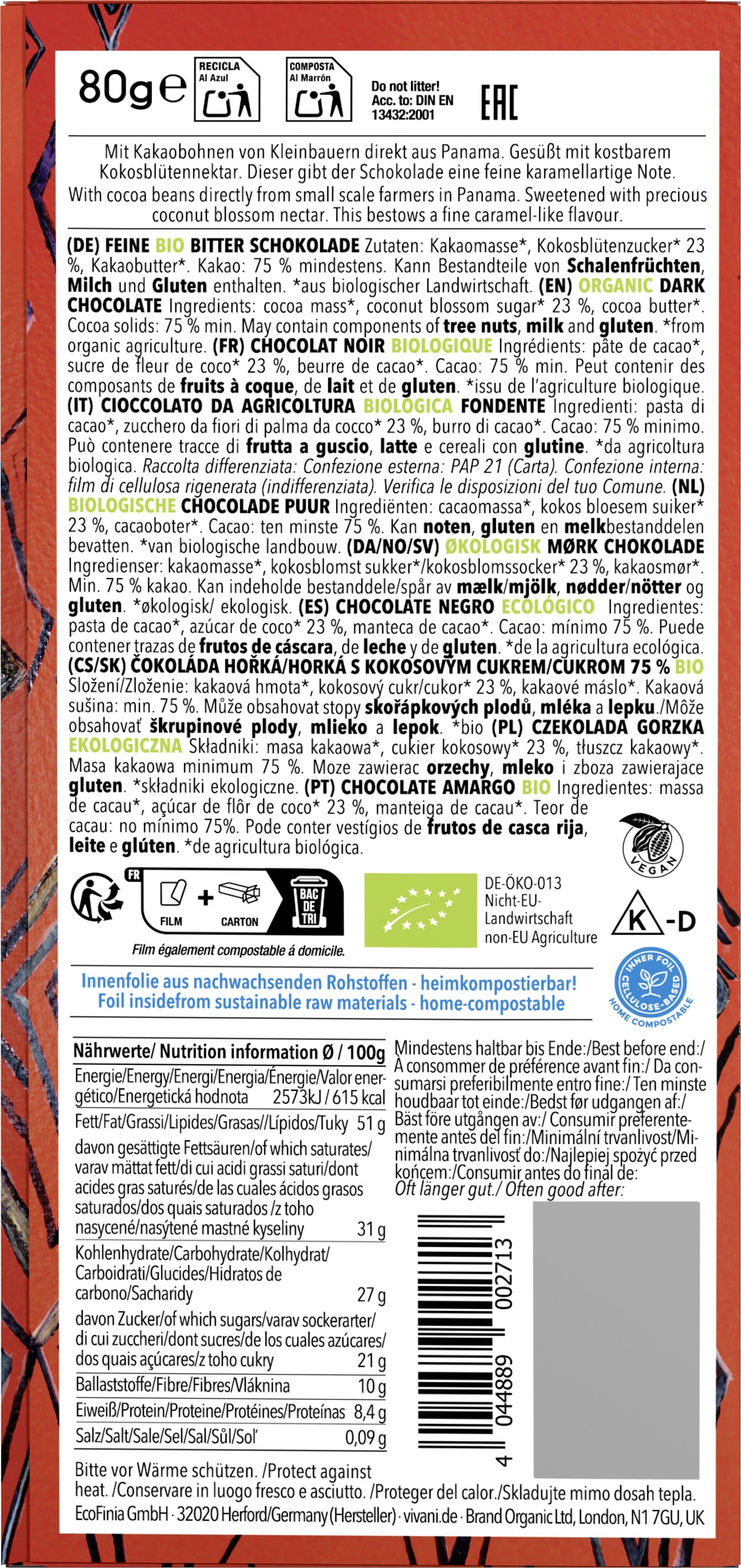Feine Bitter 75% Cacao Panama mit Kokosblütenzucke 80 g
