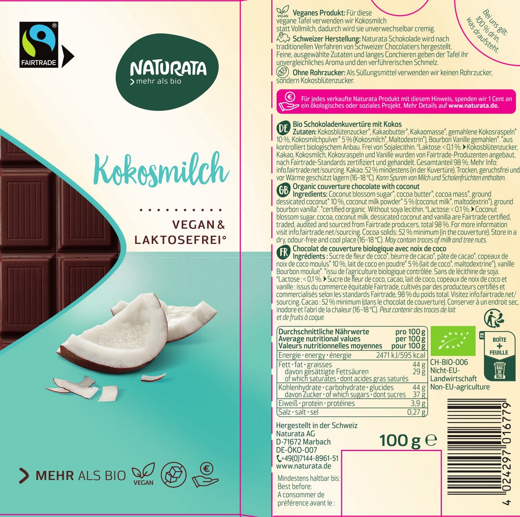 Kokosmilch Schokoladenkuvertüre 100 g