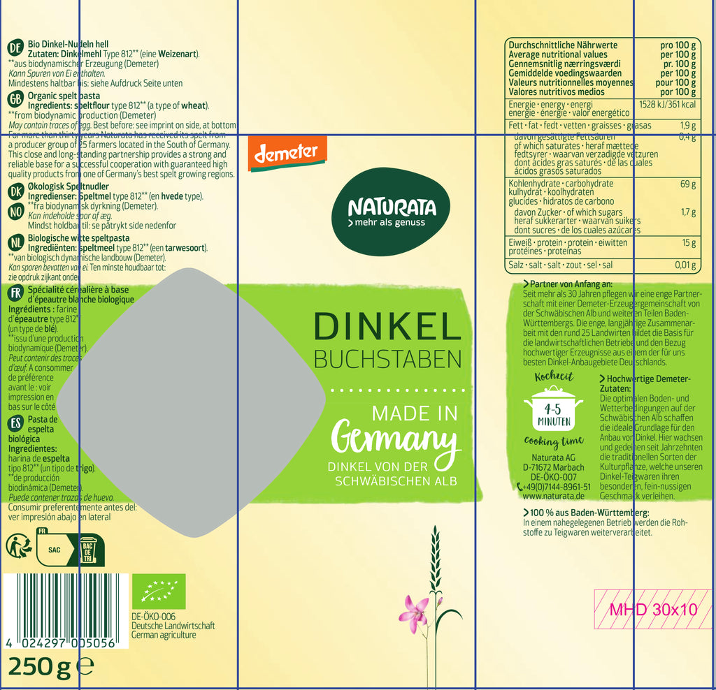 Buchstaben Dinkel-hell demeter 250 g