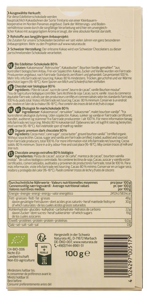 Panama Edelbitter Schokolade 80% Kakao 100 g