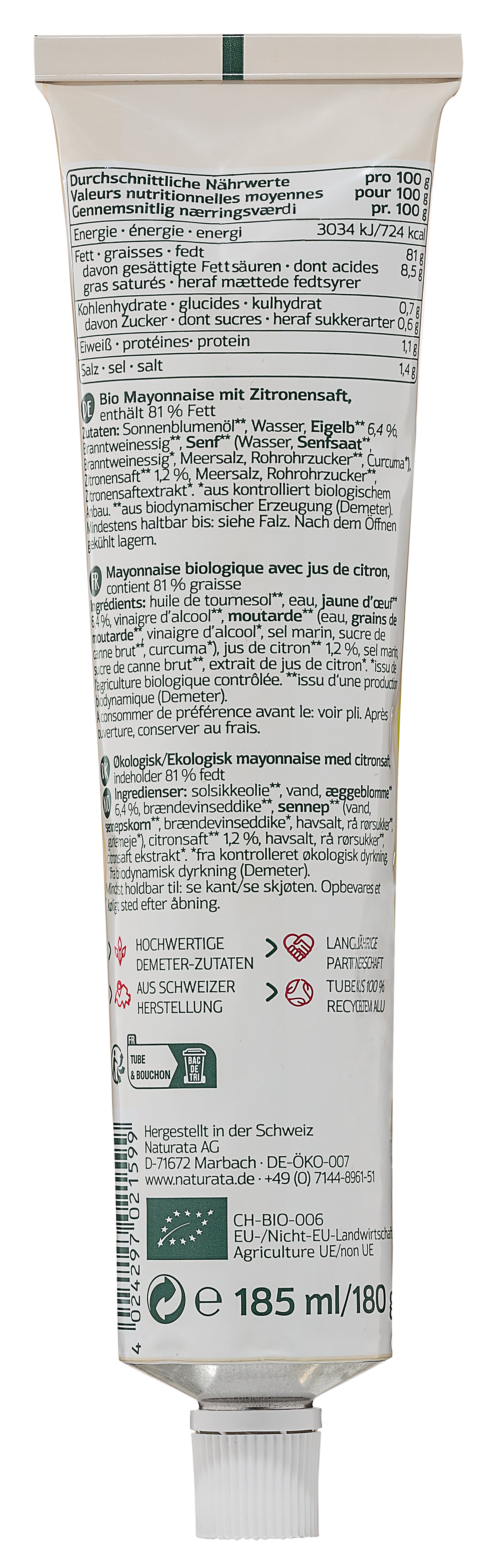 Zitronen Mayo demeter in der Tube 185 ml