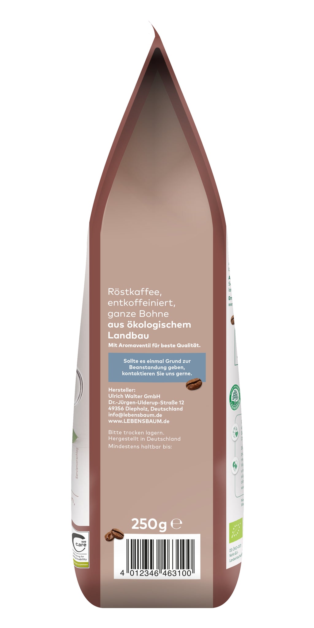 Kaffee Gourmet ganze Bohne entkoffeiniert 250 g
