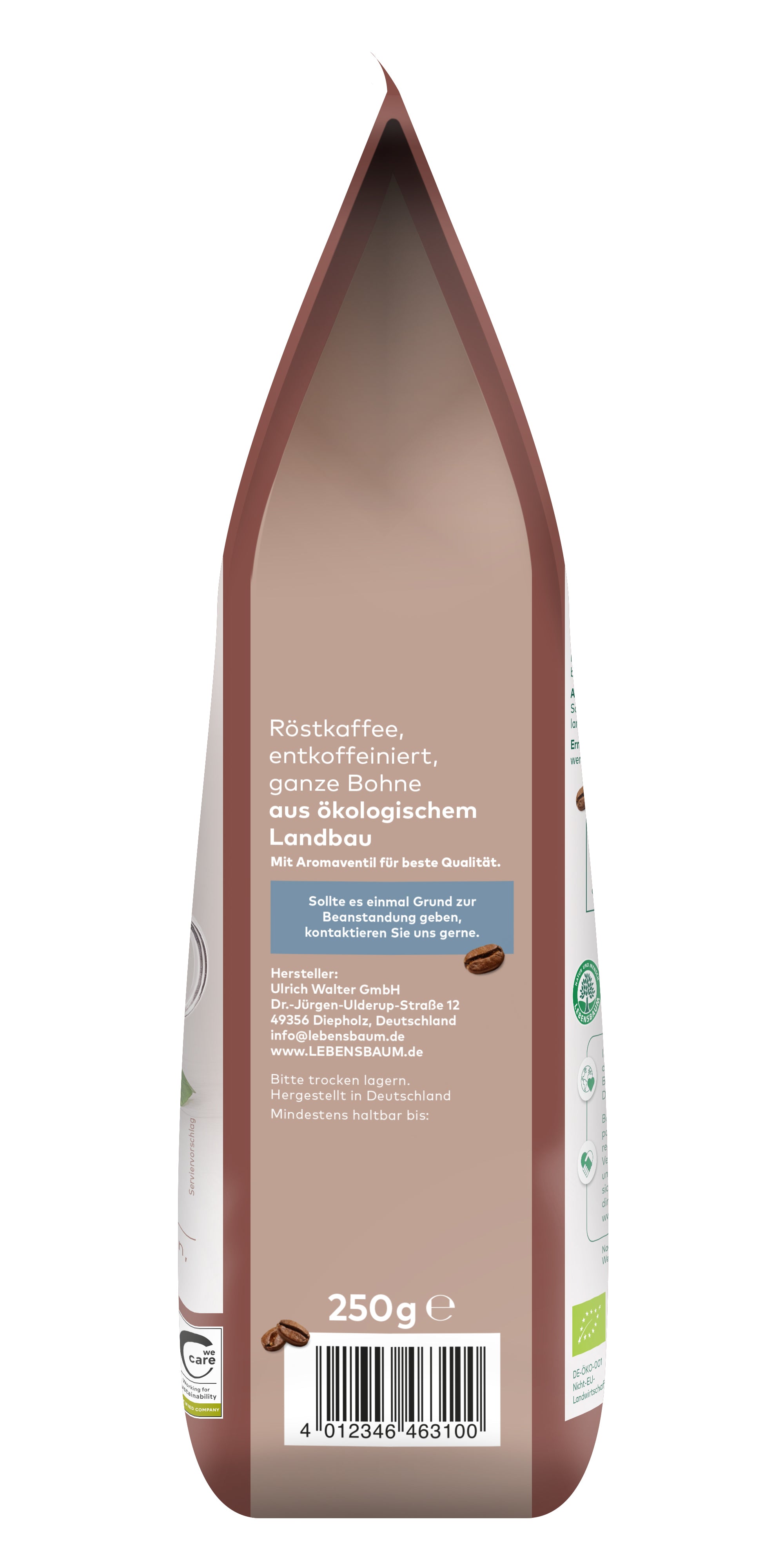 Kaffee Gourmet ganze Bohne entkoffeiniert 250 g