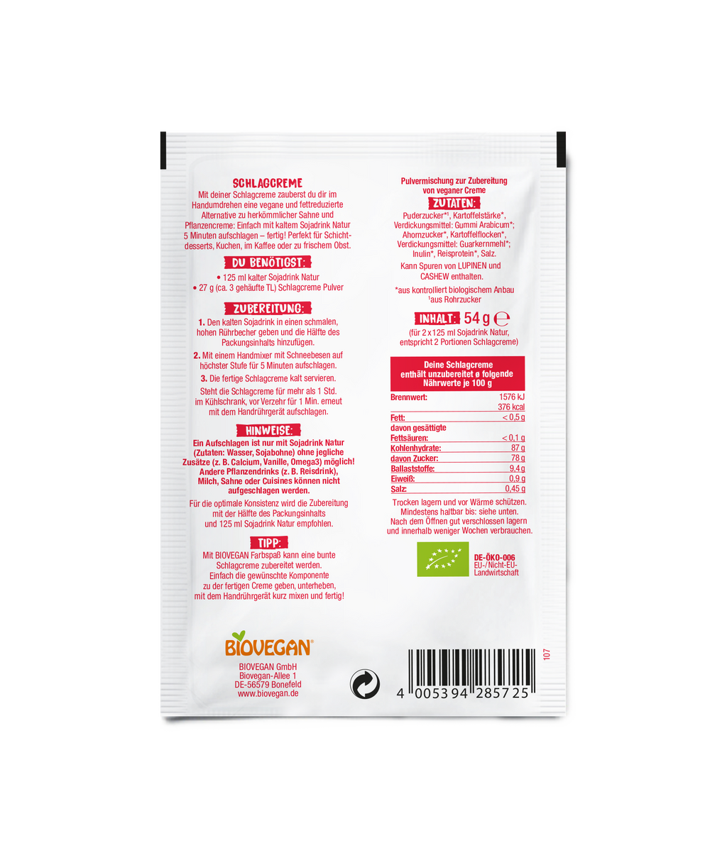 Schlagcreme Pulver kompostierbare Verpackung 54 g