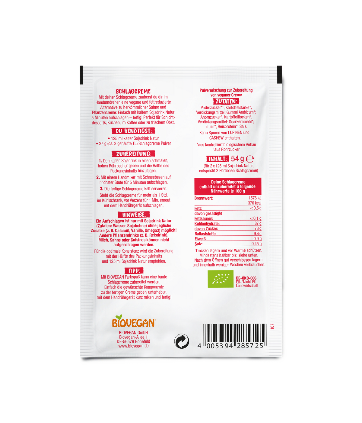 Schlagcreme Pulver kompostierbare Verpackung 54 g