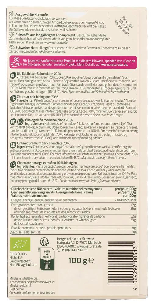 Ecuador Edelbitter Schokolade 70% Kakao 100 g